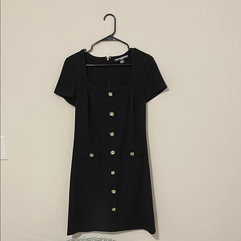 Karl Lagerfeld Black Mini Dress with Gold Buttons
